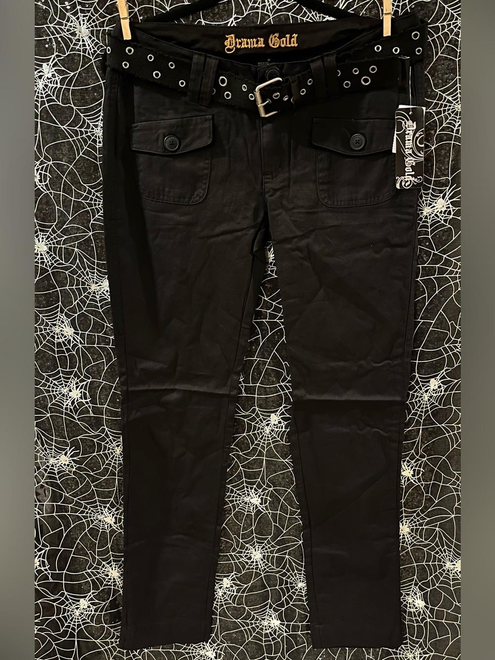 Drama Gold Black Slim Cargo Pants with Grommet Belt
